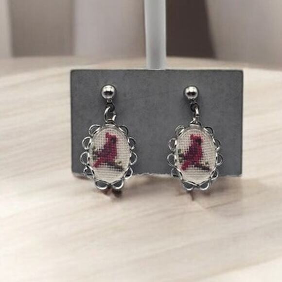 Vintage Red Cardinal Cross-Stitch Stud Dangle Earrings in Floral Frame - Picture 5 of 6